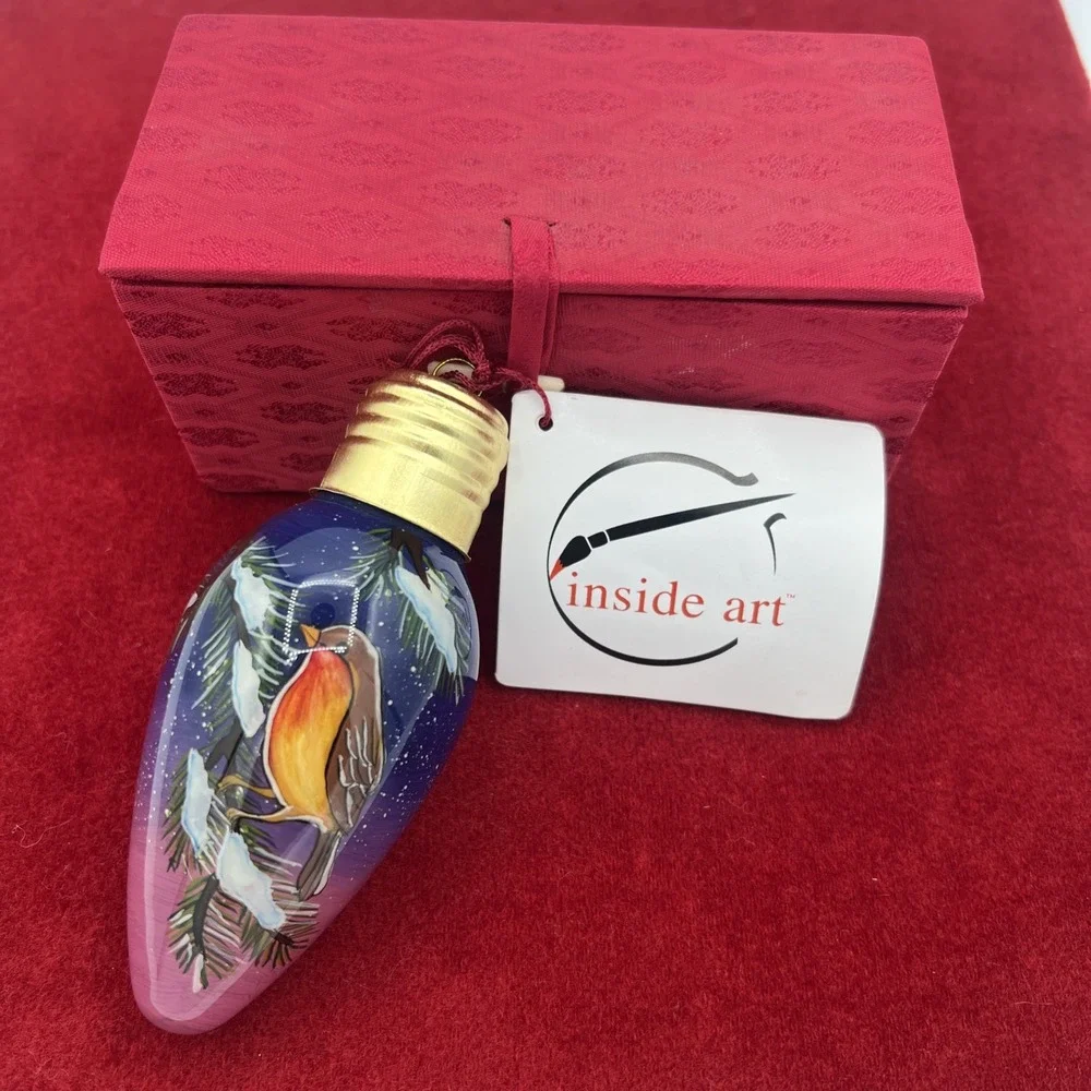 Christmas‎ ornament  INSIDE ART BY FIGI ROBIN BIRD LIGHT BULB ORIGINAL BOX